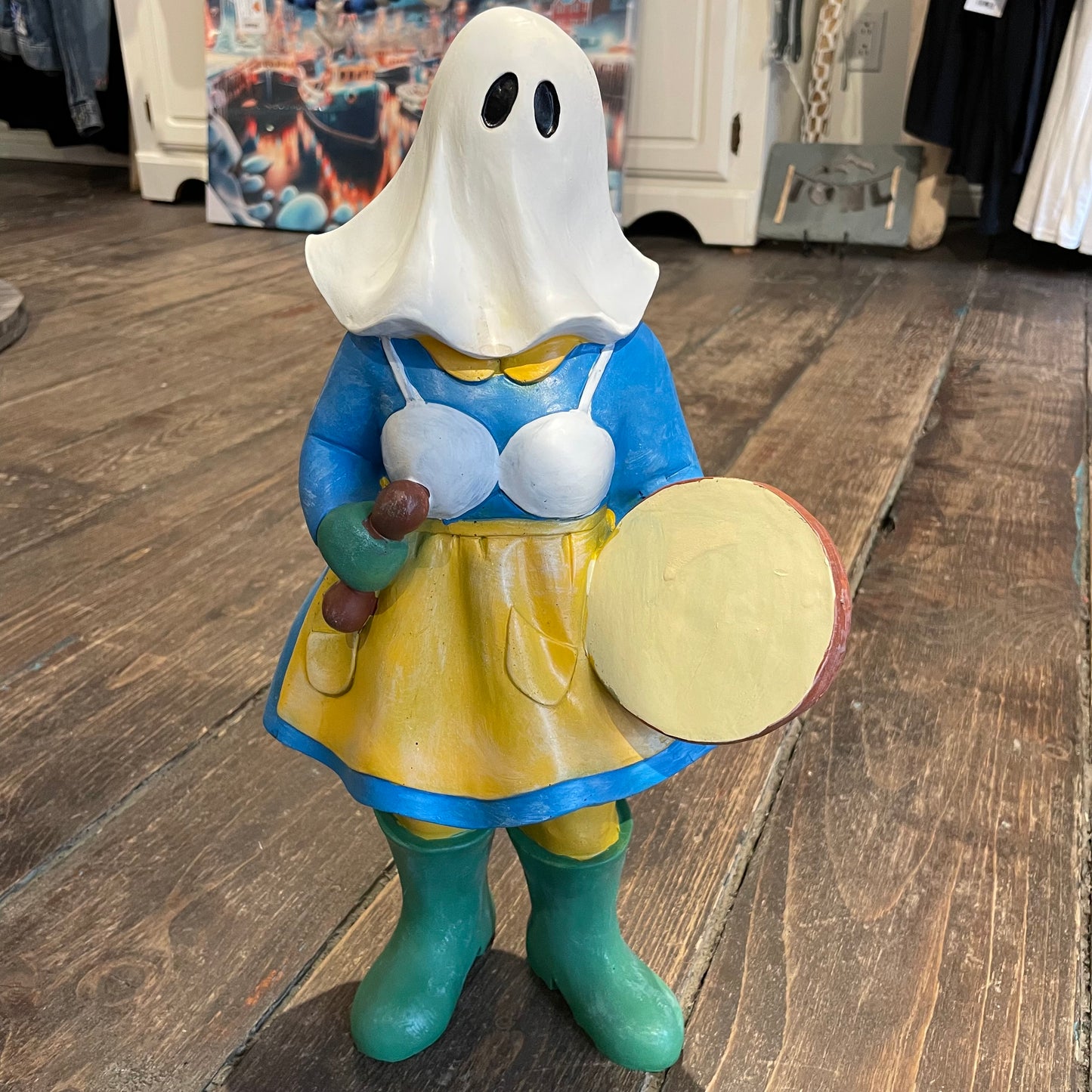 16" Mummer Playing her Bodhran in Her Blue Dress and Rubber Boots