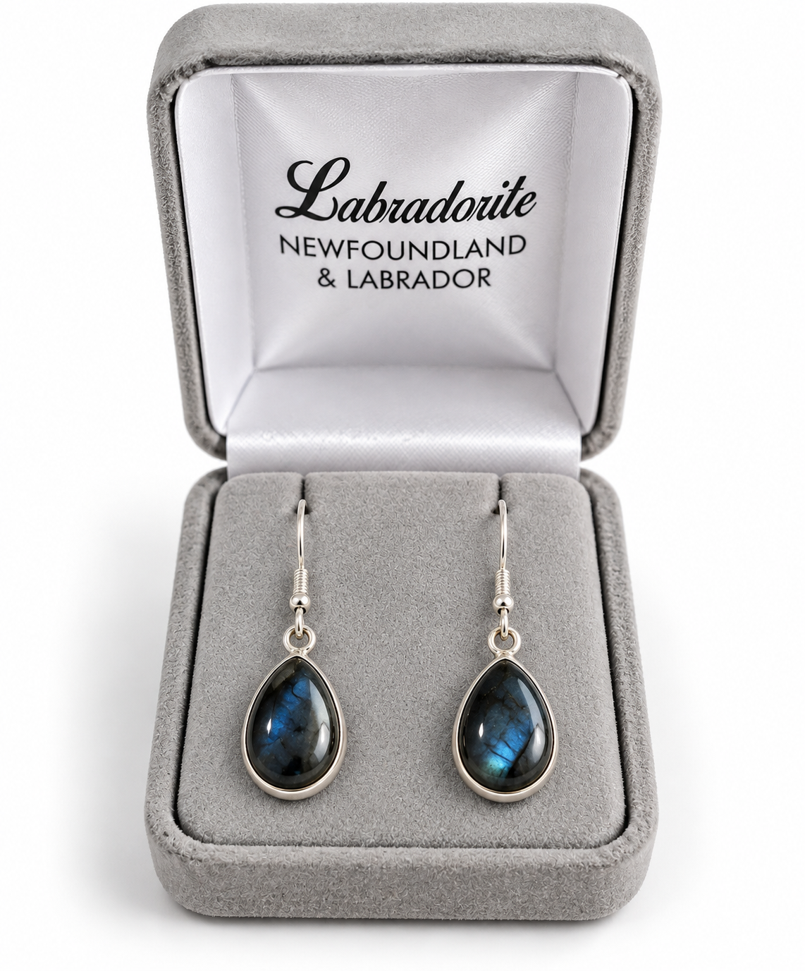 Teardrop labradorite dangle earrings with bezel settings in a grey gift box