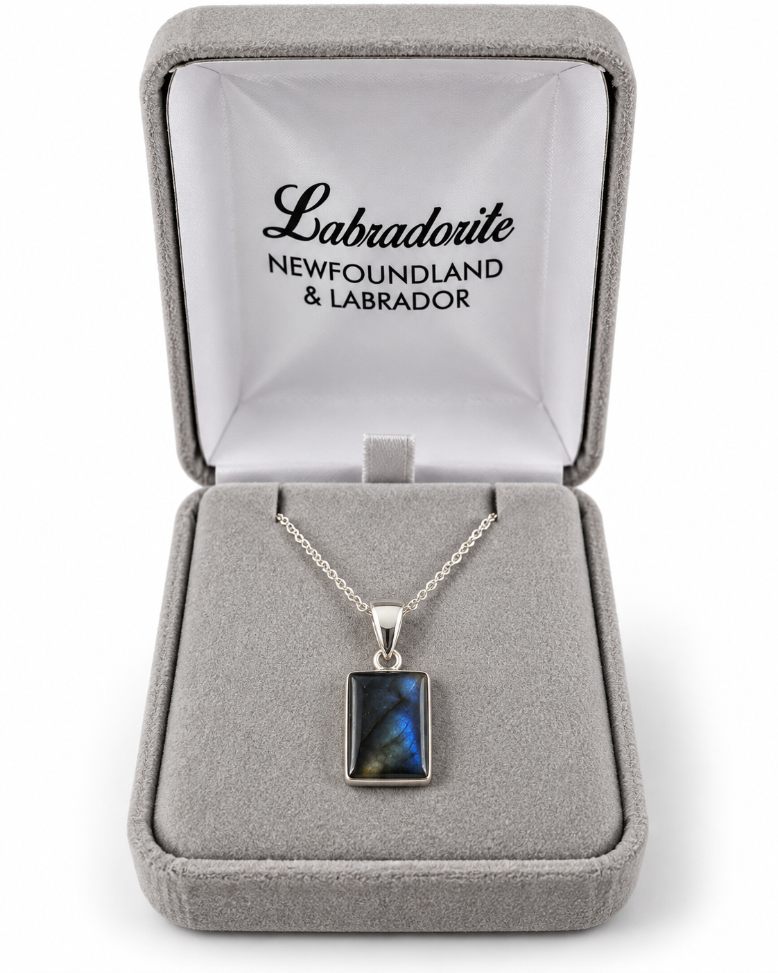 Small rectangle labradorite pendant in a grey gift box