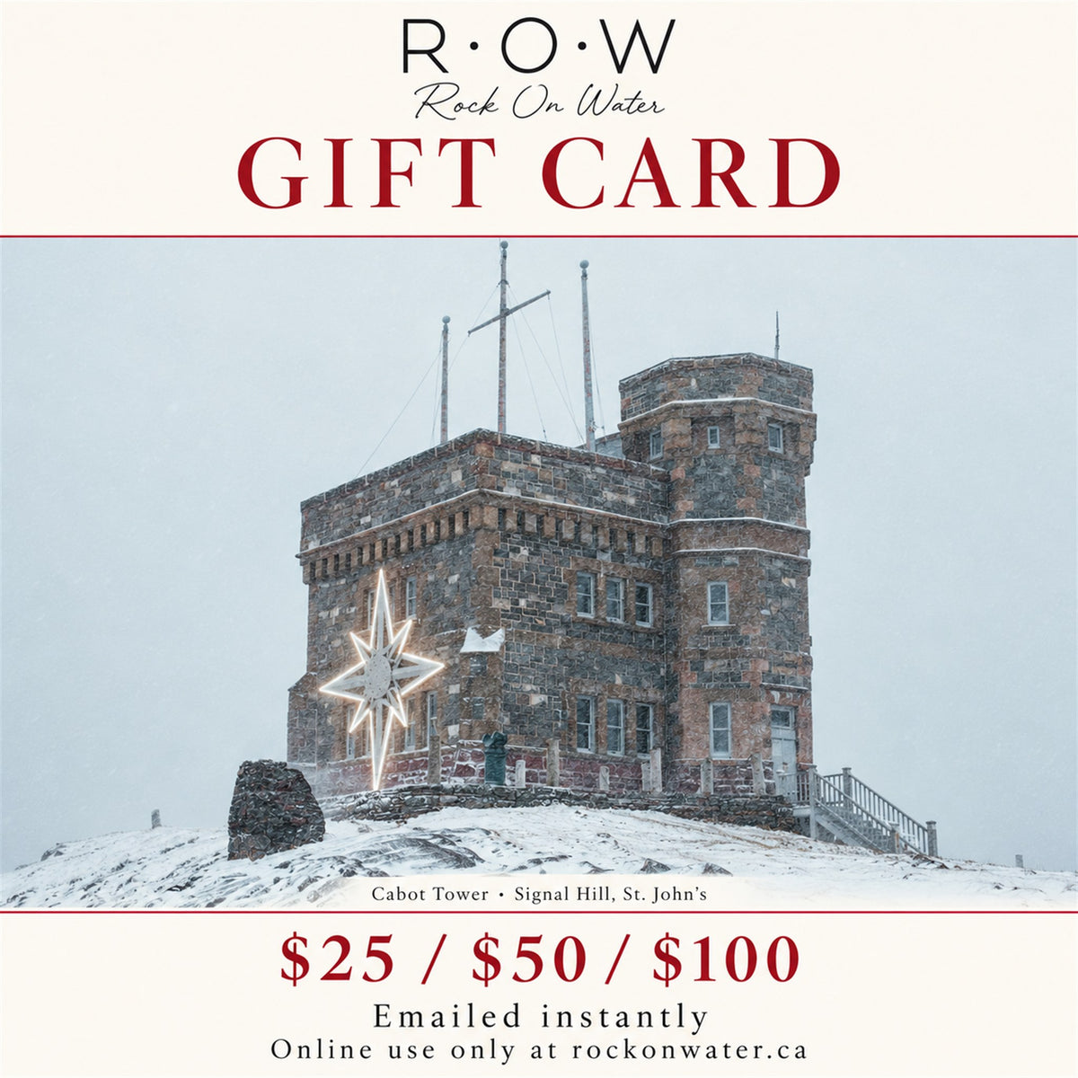 Rock on Water gift card with Cabot Tower on Signal Hill in winter snow, $25, $50 or $100, emailed instantly
