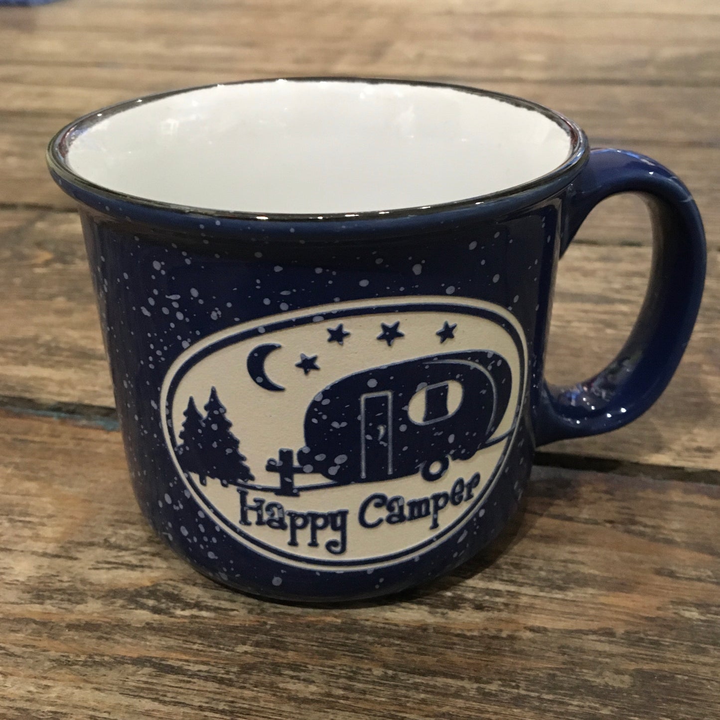 Mug, Blue Spotted Etched Pottery, Happy Camper