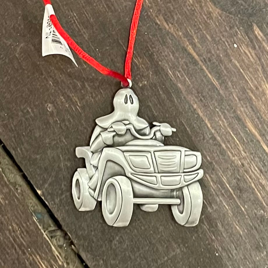 Pewter Ornament, Mummer on his Quad!