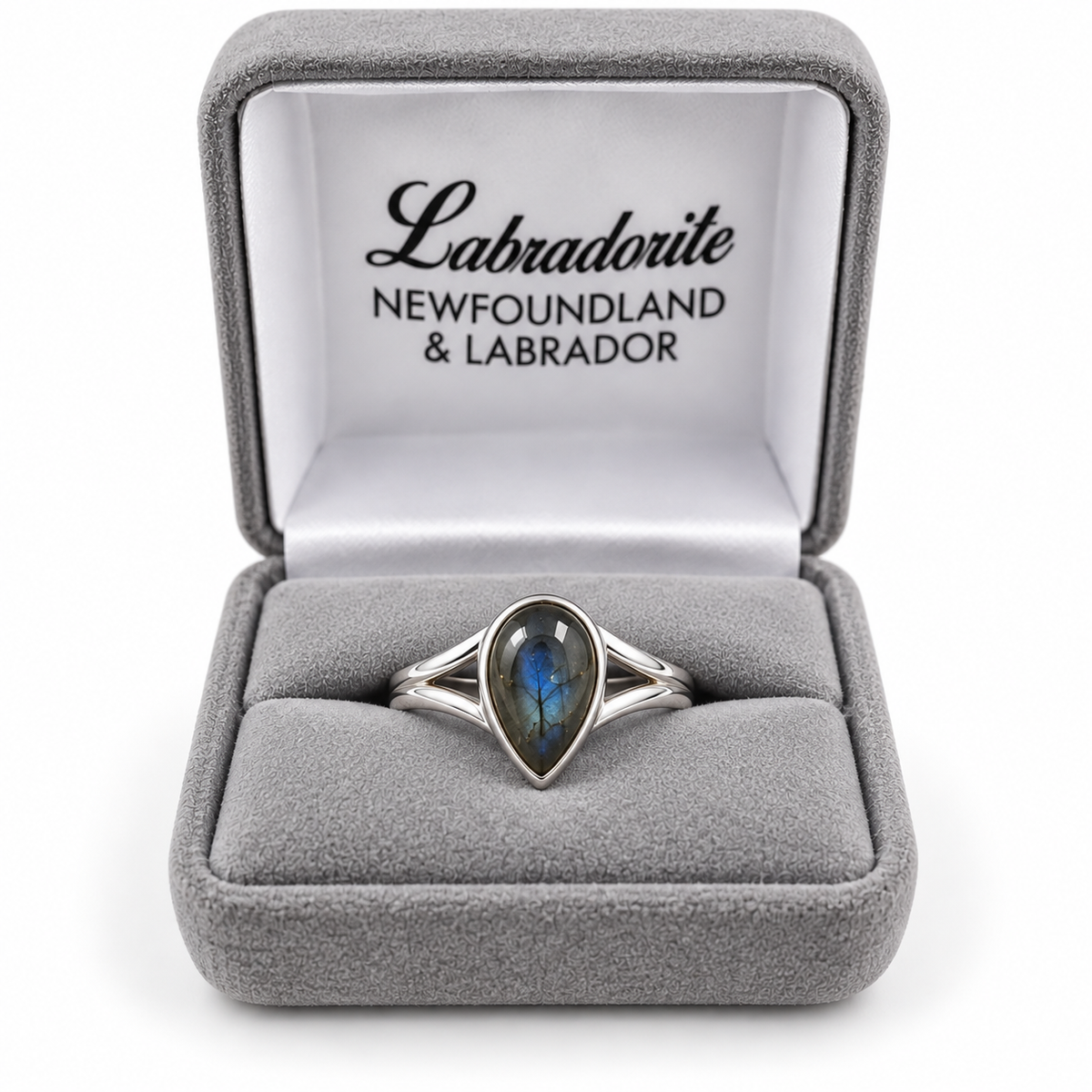 Teardrop labradorite ring with a split band in a grey ring box