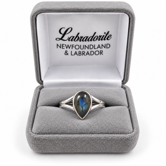 Teardrop labradorite ring with a split band in a grey ring box