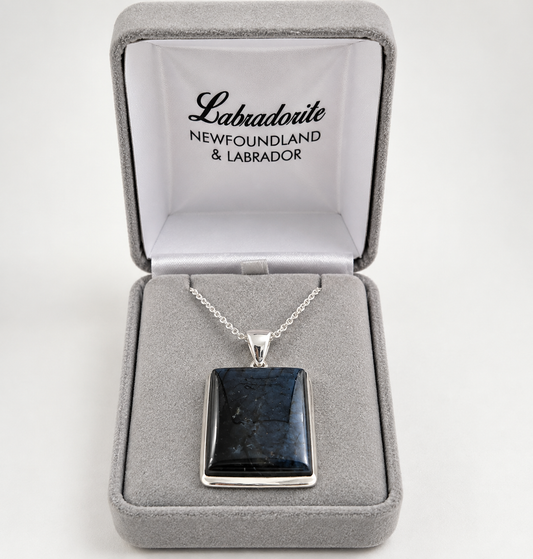 Large rectangle labradorite pendant in a grey gift box