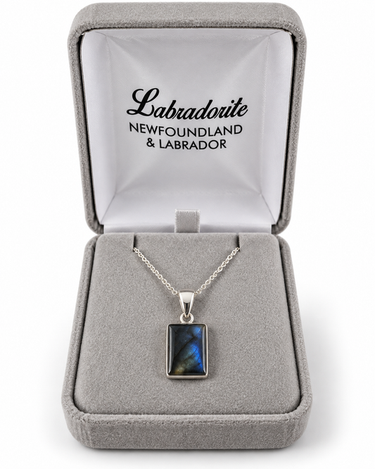 Small rectangle labradorite pendant in a grey gift box
