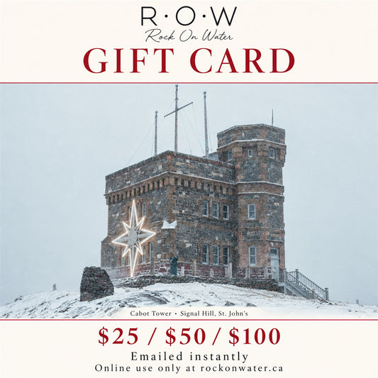 Rock on Water gift card with Cabot Tower on Signal Hill in winter snow, $25, $50 or $100, emailed instantly