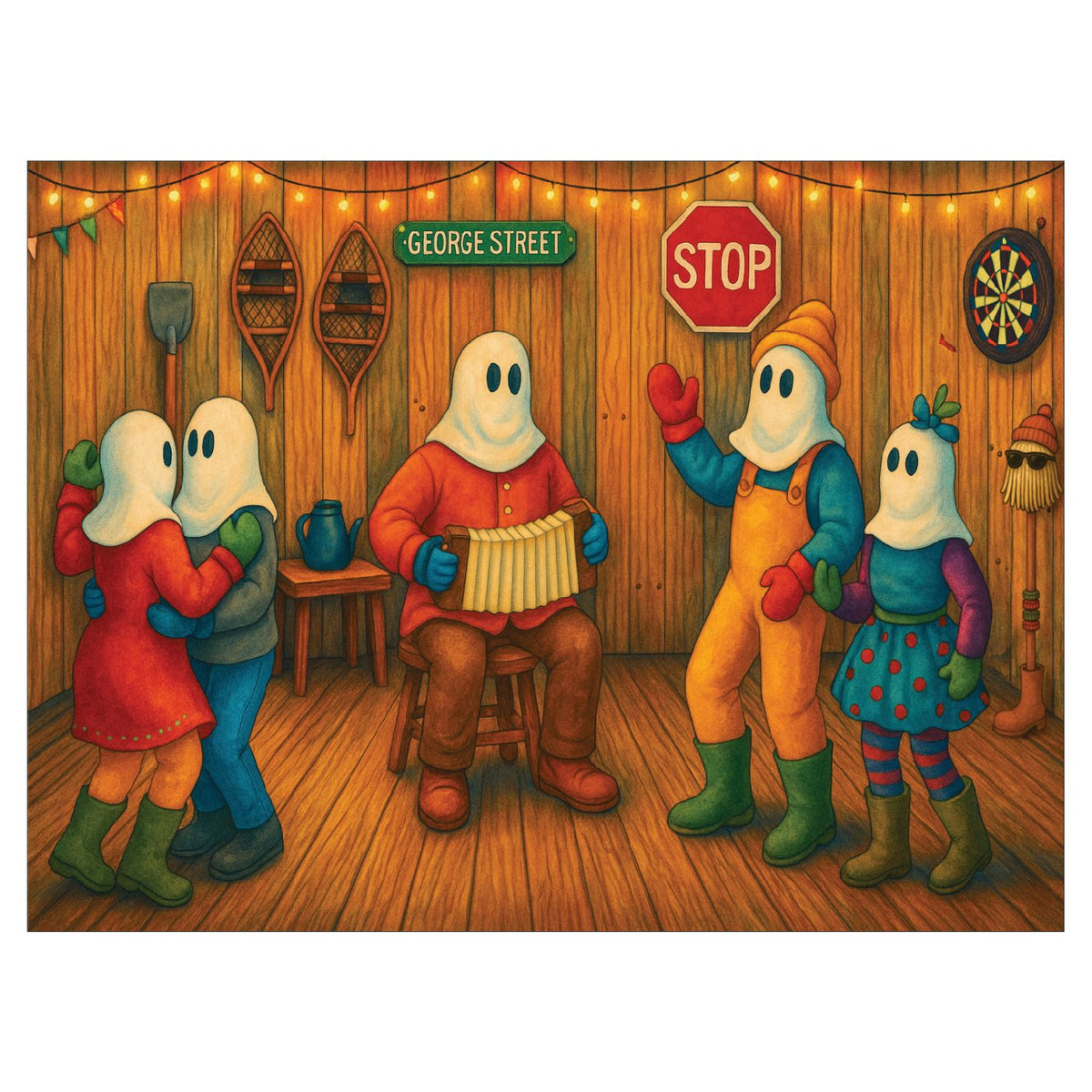 Mummer's Shed Party 500 piece jigsaw puzzle artwork, mummers dancing in a shed to an accordion player