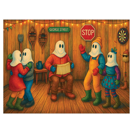 Mummer's Shed Party 500 piece jigsaw puzzle artwork, mummers dancing in a shed to an accordion player