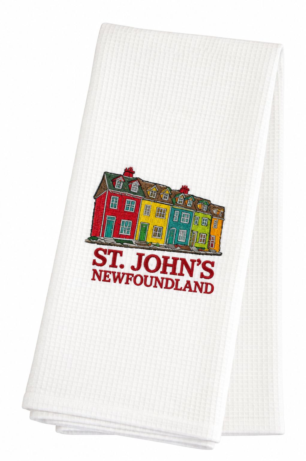 White waffle weave tea towel with colourful St. John's row houses and St. John's Newfoundland underneath